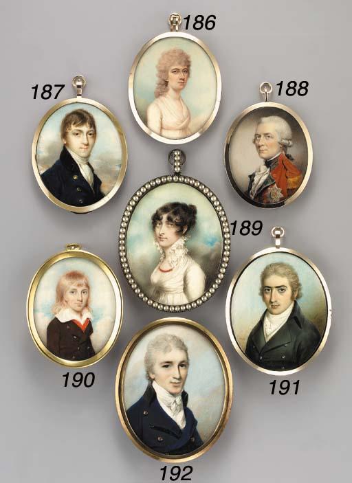 Thomas Hazlehurst - A young gentleman, facing left in dark grey coat, white waistcoat and frilled cravat, powdered hair