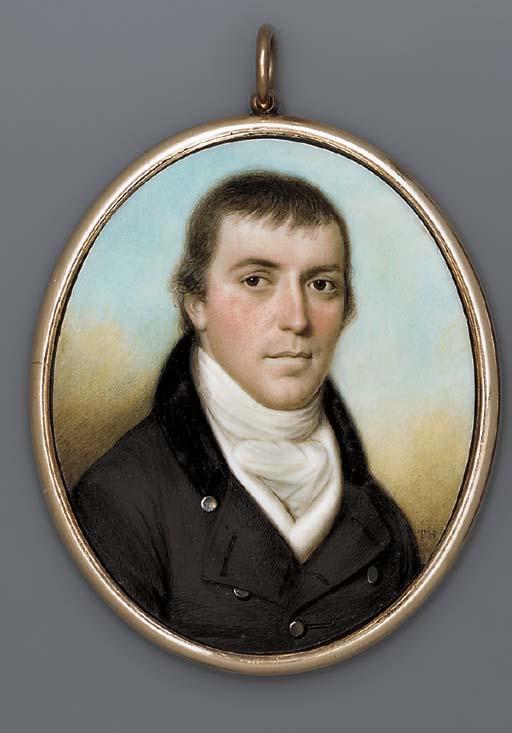 Thomas Hazlehurst - A young gentleman, facing right in black coat with velvet collar, white waistcoat and knotted cravat