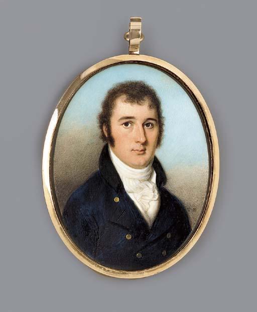 Thomas Hazlehurst - A young gentleman, facing right in blue coat with black collar and gold buttons, white waistcoat and frilled cravat