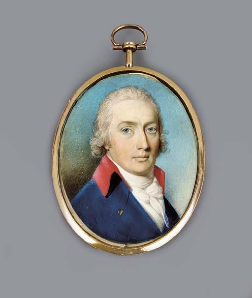 Thomas Hazlehurst - A young gentleman, facing right in blue coat with red collar, white waistcoat and tied cravat