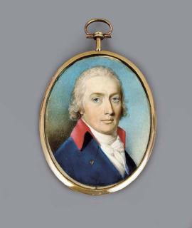 Thomas Hazlehurst - A young gentleman, facing right in blue coat with red collar, white waistcoat and tied cravat