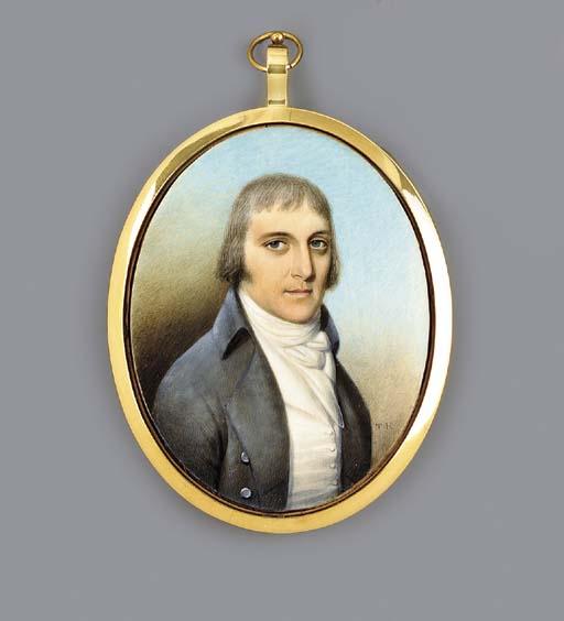 Thomas Hazlehurst - A young gentleman, facing right in grey coat, white waistcoat and tied cravat, powdered hair