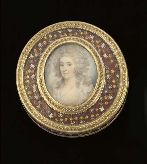 Thomas Hazlehurst - A young lady, facing left in a frilled white dress, curling powdered hair (cracked)