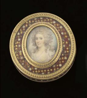 Thomas Hazlehurst - A young lady, facing left in a frilled white dress, curling powdered hair (cracked)