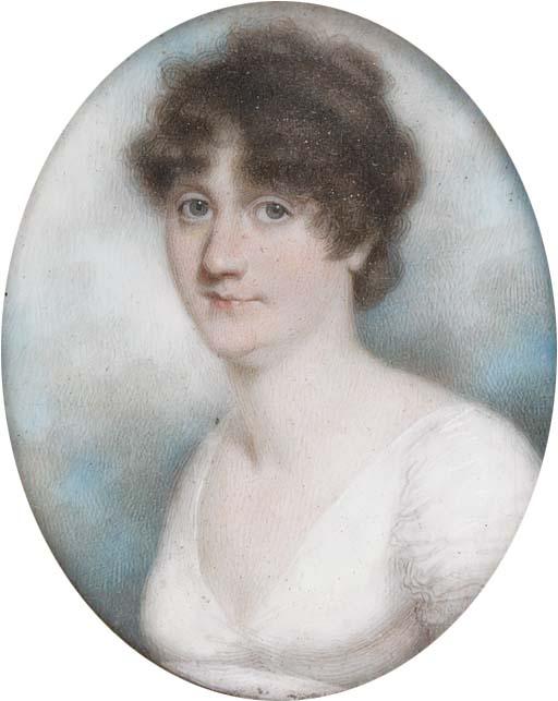 Thomas Hazlehurst - A young lady, facing left in a low-cut white dress, her fair hair upswept; sky background