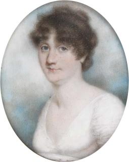 Thomas Hazlehurst - A young lady, facing left in a low-cut white dress, her fair hair upswept; sky background