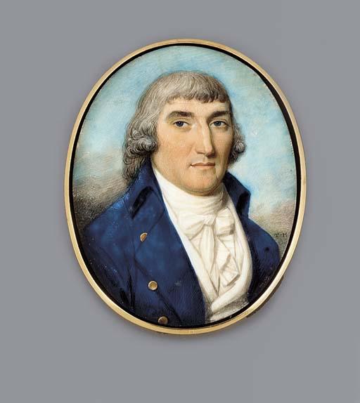 Thomas Hazlehurst - Captain James Bird, facing right in blue coat with gold buttons, white waistcoat and tied cravat, long powdered curling hair