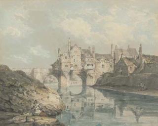 Thomas Hearne - Elvet bridge, Durham, with a washerwoman in the foreground