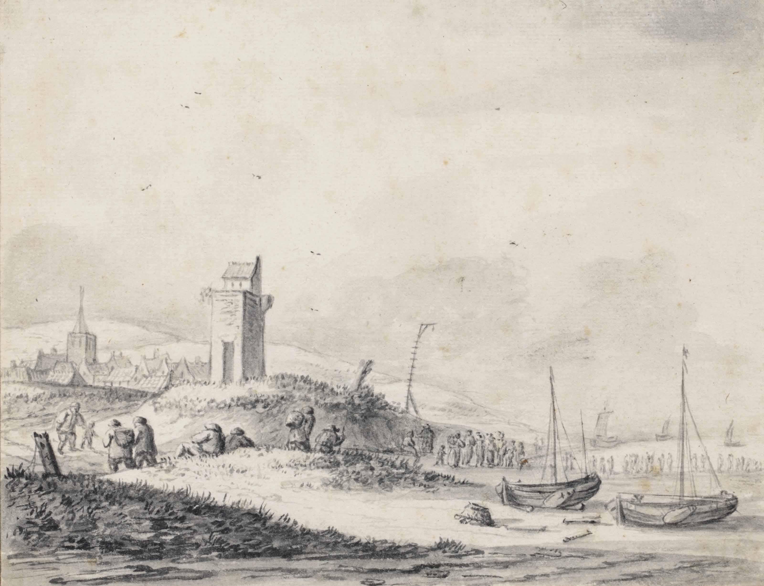 Thomas Heeremans - A beach scene with fisherfolk by a beacon and a village beyond, probably Katwijk aan Zee
