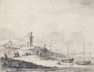 Thomas Heeremans - A beach scene with fisherfolk by a beacon and a village beyond, probably Katwijk aan Zee