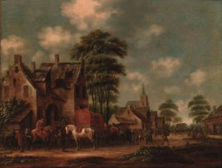 Thomas Heeremans - A coaching party halting in a village street