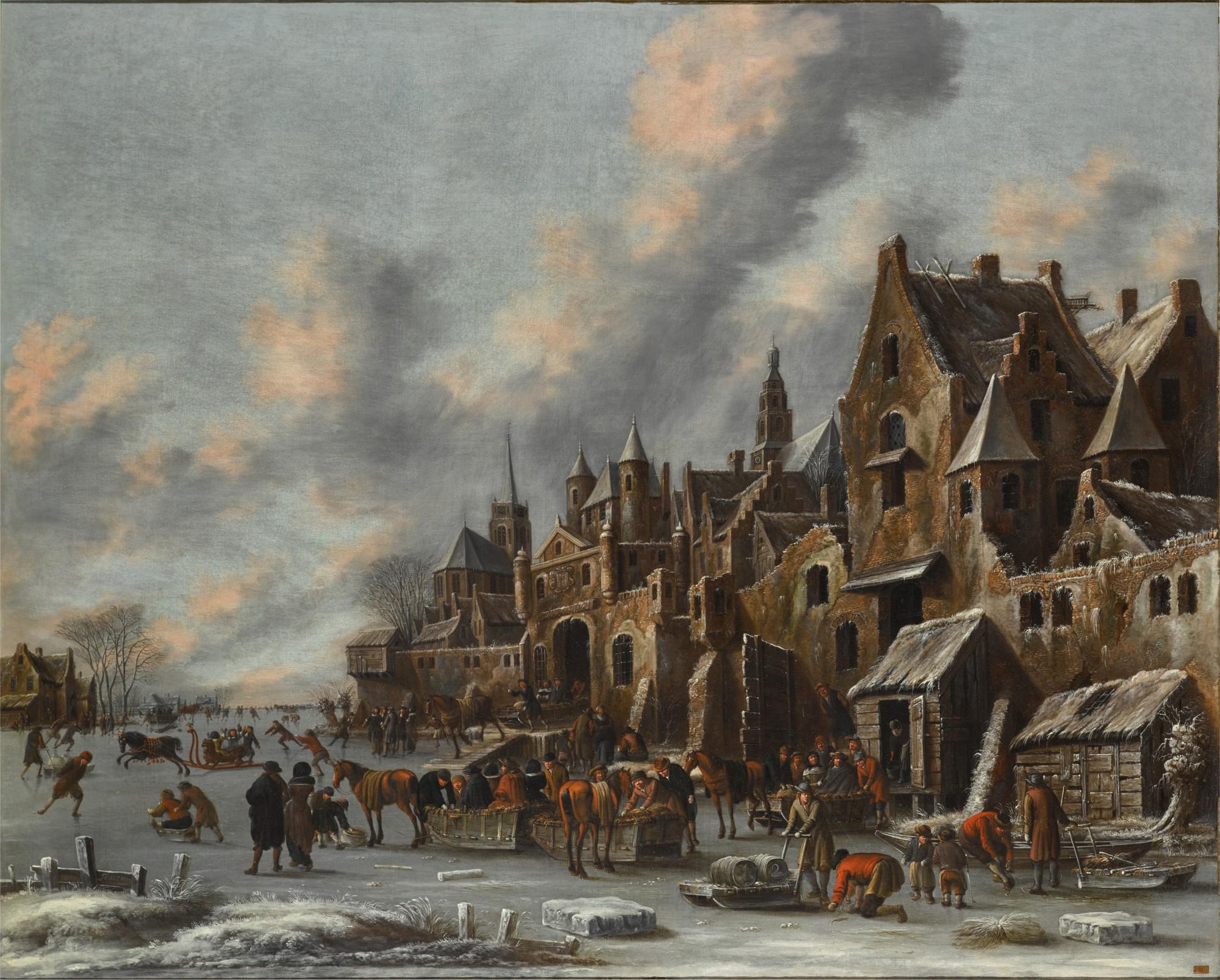 Thomas Heeremans - A frozen canal beside the walls of a city, with figures skating and in horse-drawn sleighs
