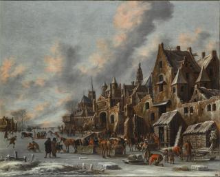 Thomas Heeremans - A frozen canal beside the walls of a city, with figures skating and in horse-drawn sleighs