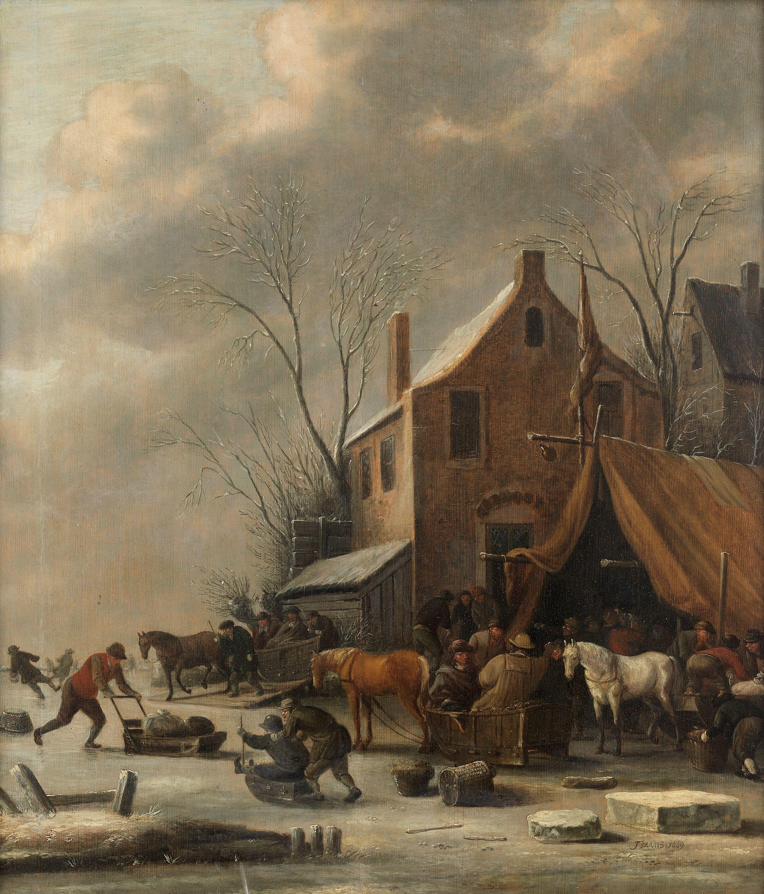 Thomas Heeremans - A Frozen River Landscape With Figures In Sledges And Others Skating