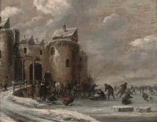 Thomas Heeremans - A frozen winter landscape with skaters by a fortified town gate