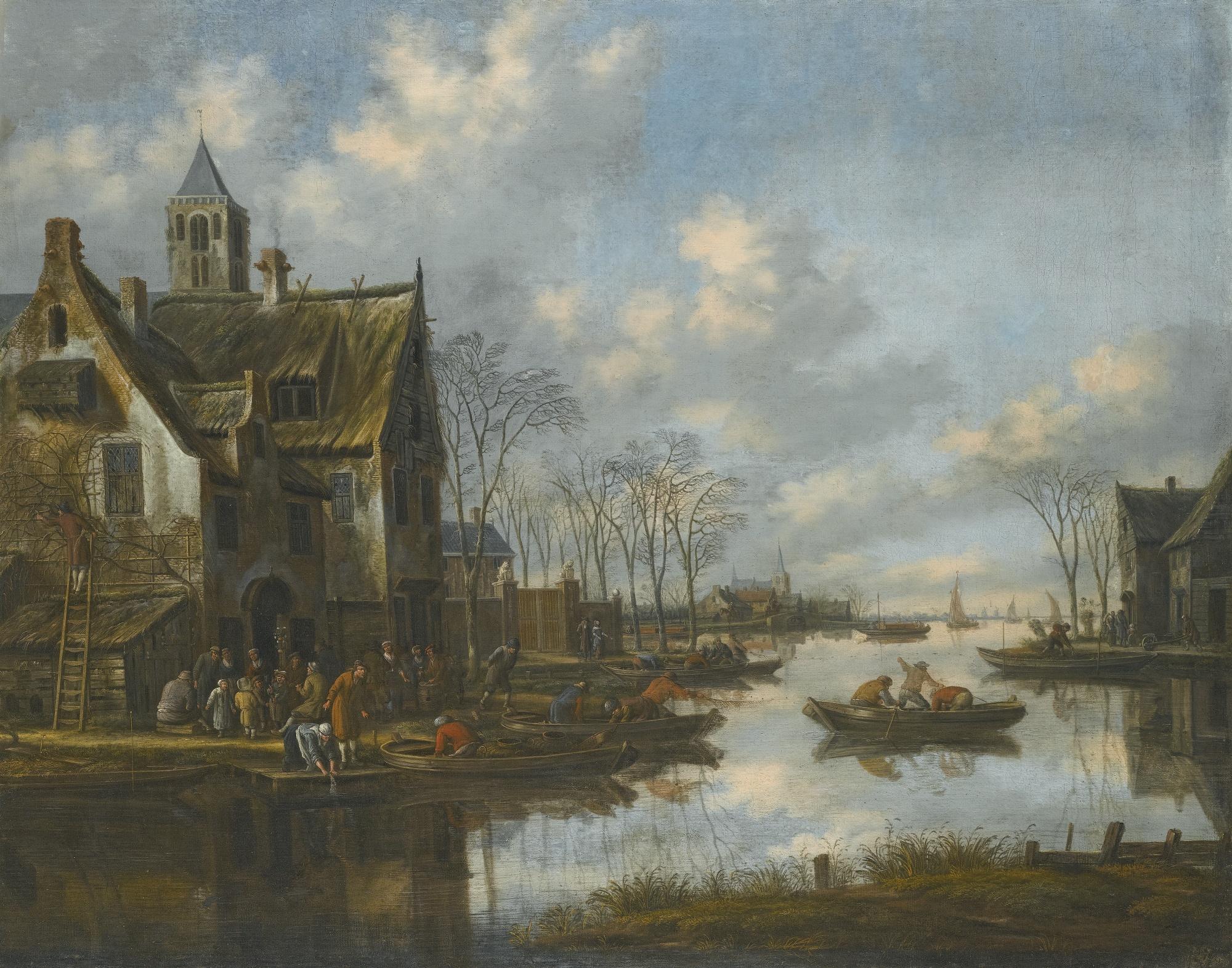 Thomas Heeremans - A River Landscape Beside A Village With Figures Loading Their Boats