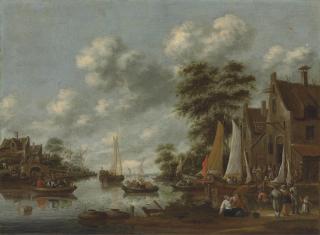 Thomas Heeremans - A river landscape with ferry boats and other vessels, figures disembarking by an inn