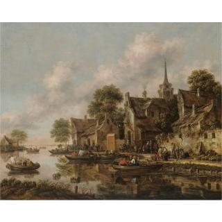 Thomas Heeremans - A River Landscape With Figures In Boats Moored Beside A Village