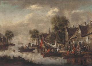 Thomas Heeremans - A River Landscape With Figures Merrymaking In Boats And Outside An Inn