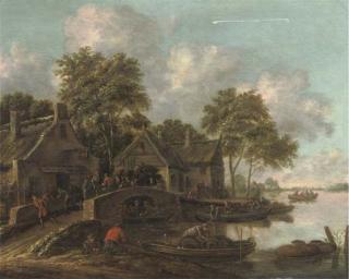 Thomas Heeremans - A River Landscape With Fishermen Bringing In Their Catch And Villagers Conversing On A Bridge