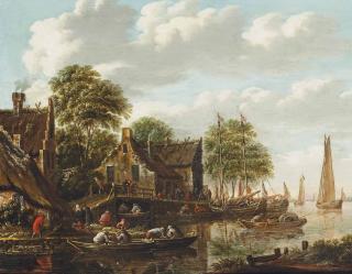 Thomas Heeremans - A river landscape with fishermen on boats and other shipping vessels