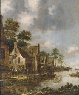 Thomas Heeremans - A River Landscape With Fishing Boats By A Village, Riders And Other Figures On The Bank