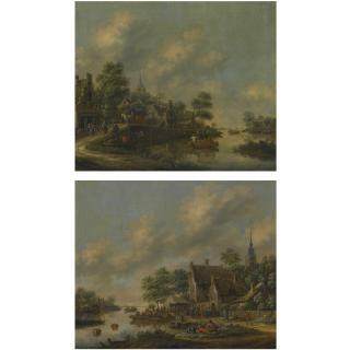Thomas Heeremans - A River Passing Through A Village, With Travellers On A Road To The Left; A River Landscape With Villagers Making Merry At A Fair