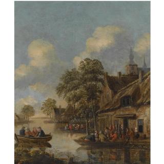 Thomas Heeremans - A Riverside Village, With Numerous Figures In Rowing Boats Outside An Inn