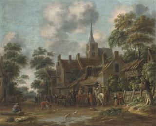 Thomas Heeremans - A town with horseman and other figures drinking outside an inn