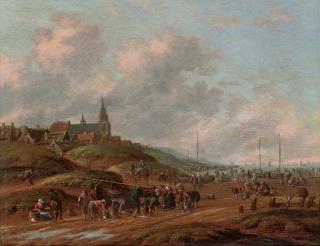 Thomas Heeremans - A view of the beach at Egmond aan Zee with fisherman selling their catch