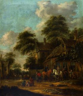 Thomas Heeremans - A Village Landscape With Figures Outside A Tavern