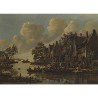 Thomas Heeremans - A Village On The Banks Of A River With Numerous People Drinking Outside An Inn