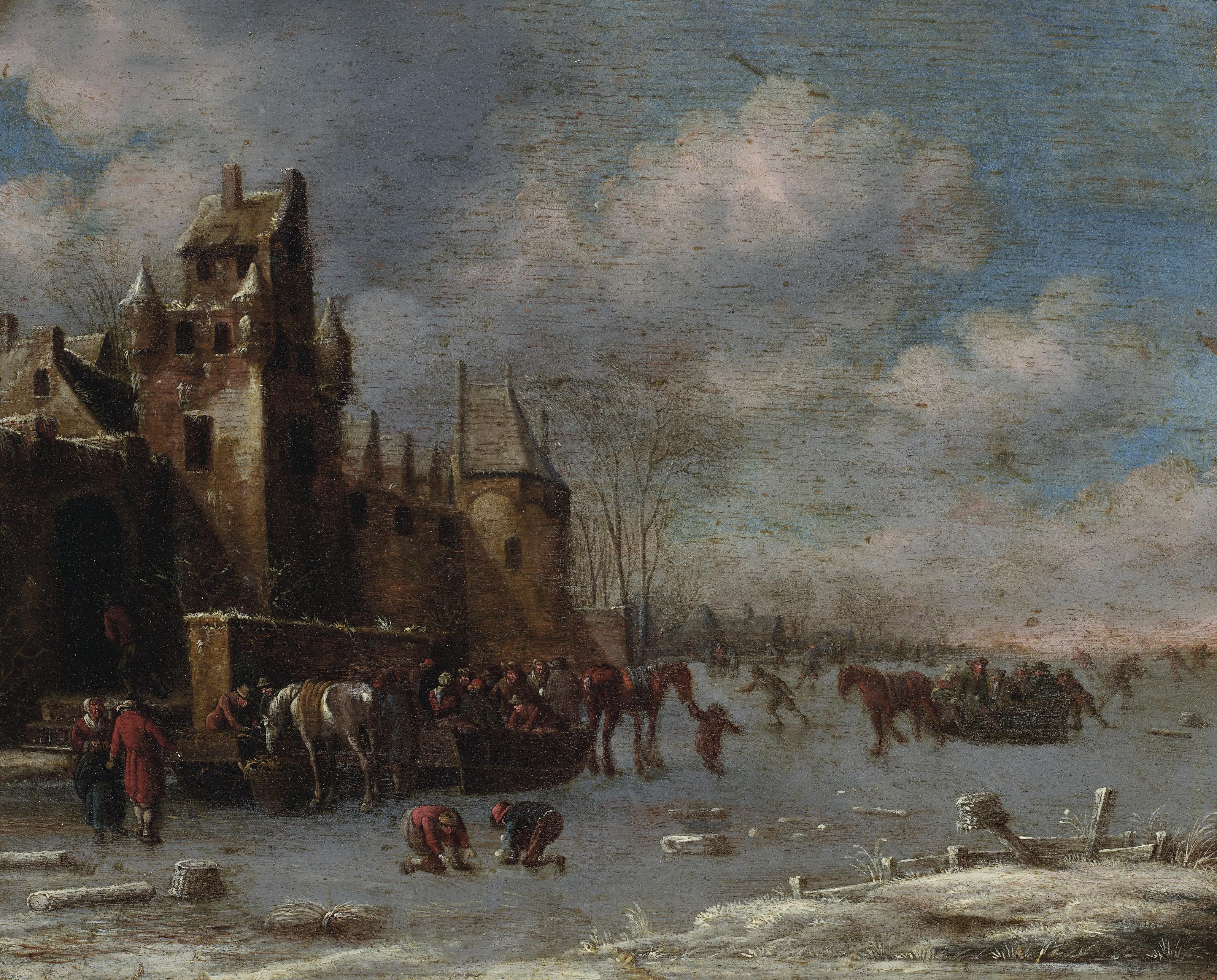 Thomas Heeremans - A Winter Landscape With Figures Skating, Riding Sleighs And Conversing On The Ice