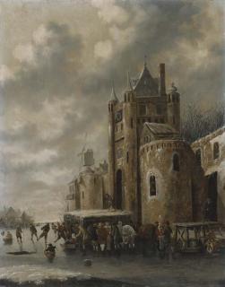 Thomas Heeremans - A winter landscape with townsfolk skating and sledging on a frozen river before a castle