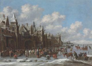 Thomas Heeremans - A winter landscape with villagers on a frozen lake outside a town