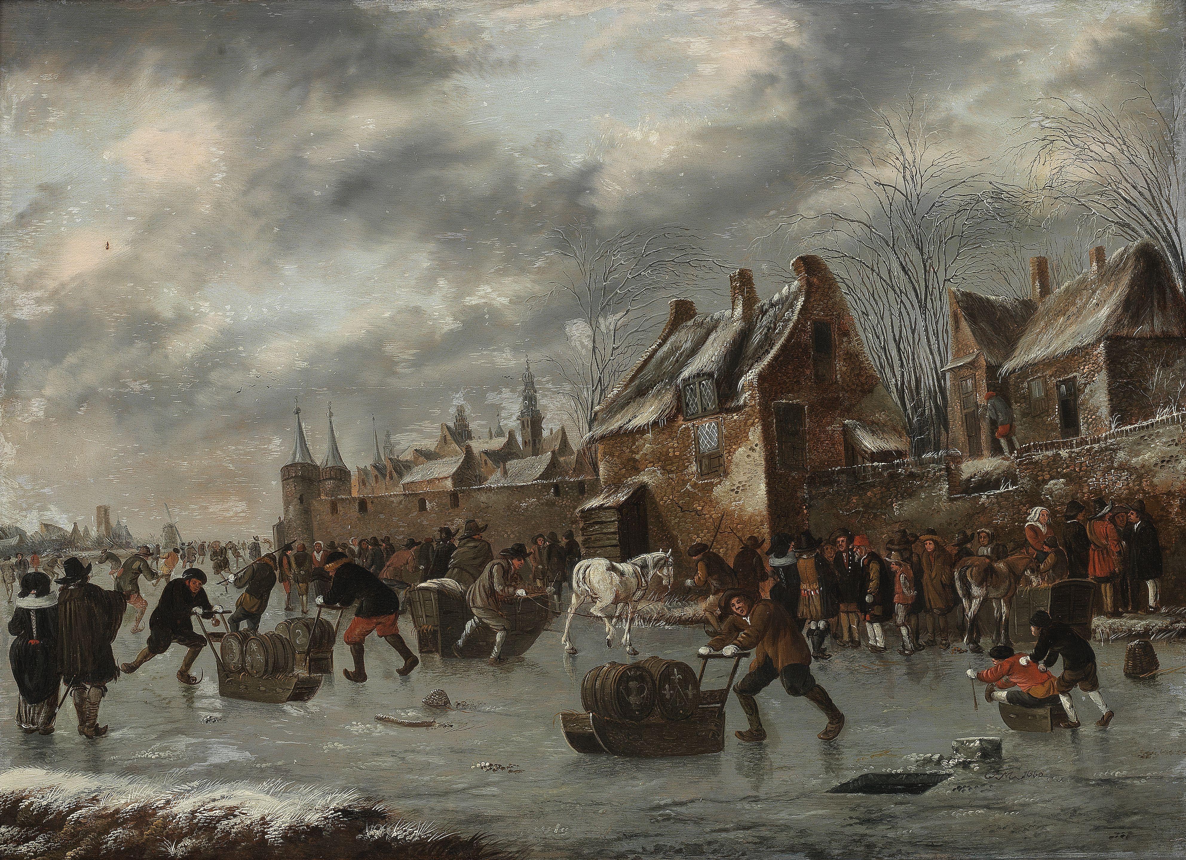 Thomas Heeremans - A winter scene with figures skating outside the town walls