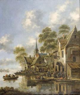 Thomas Heeremans - An estuary with figures in ferryboats before a tavern