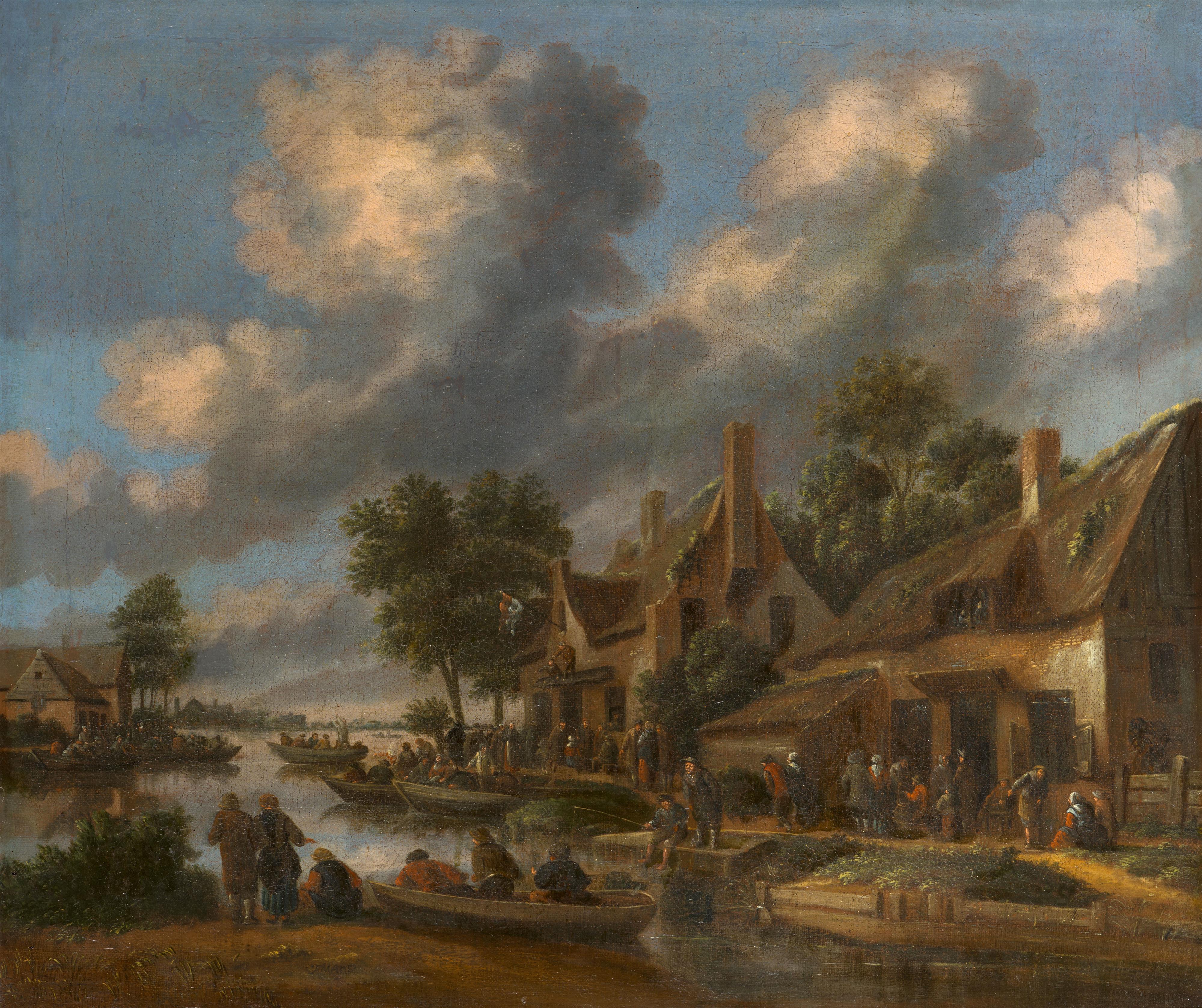 Thomas Heeremans - Dorfbewohner und Boote vor einem Gasthaus am Flussufer