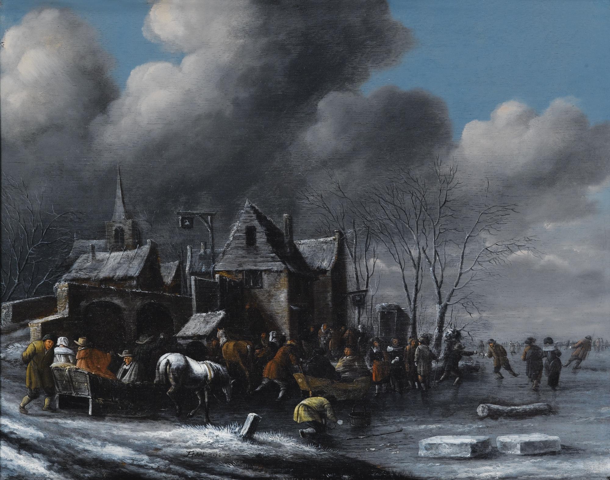 Thomas Heeremans - Patineurs Sur Une Rivière Geléethomas Heeremans ; Skaters On A Frozen River ; Monogrammed And Dated Lower Right ; Oil On Panel