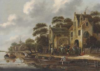 Thomas Heeremans - The bank of a river, with figures in rowboats and travelers outside an inn, a church beyond