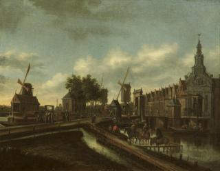 Thomas Heeremans - The \'Haarlemmer Poort\' in Amsterdam with figures on a road and in boats