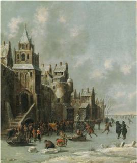 Thomas Heeremans - Townsfolk skating and sledging on a frozen moat before a town wall