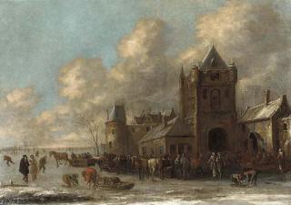 Thomas Heeremans - Townsfolk skating and sledging on a frozen moat before a town