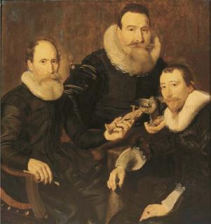 Thomas Hendricksz. de Keyser - Group portrait of three gentlemen, three-quarter-length, seated in black costumes with lace collars and cuffs