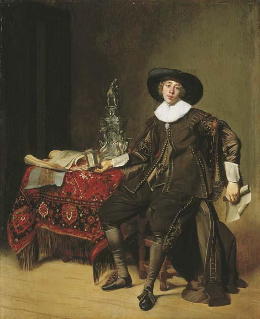 Thomas Hendricksz. De Keyser - Portrait of a silversmith, thought to be Christian van Vianen, seated full-length, in brown costume and a black hat, holding a drawing and a salt-cellar, at a carpeted table