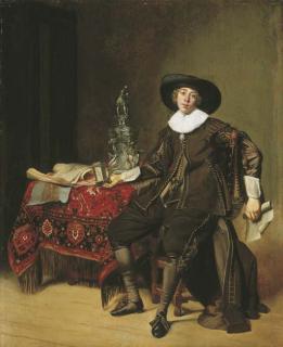 Thomas Hendricksz. De Keyser - Portrait of a silversmith, thought to be Christian van Vianen, seated full-length, in brown costume and a black hat, holding a drawing and a salt-cellar, at a carpeted table