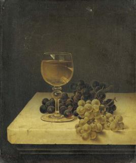 Thomas Henry Hope - Still Life with Glass of Wine and Grapes on a Marble Ledge
