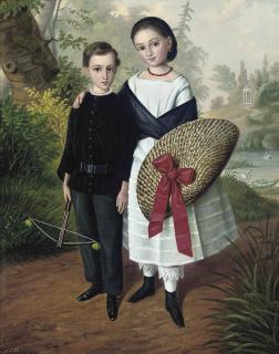 Thomas Henwood - Portrait Of A Brother And Sister, Full-Length, He In A Black Suit Holding A Bow, She In A White Dress With A Black Shawl Holding A Hat, In A Landscape