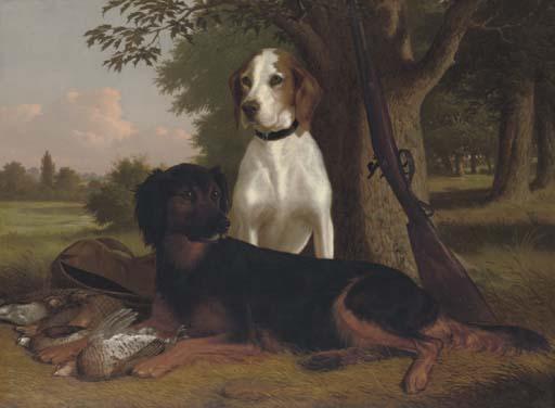Thomas Hewes Hinckley - The End of The Day: A Pointer And Setter With Game And A Shotgun At The Edge of A Wood