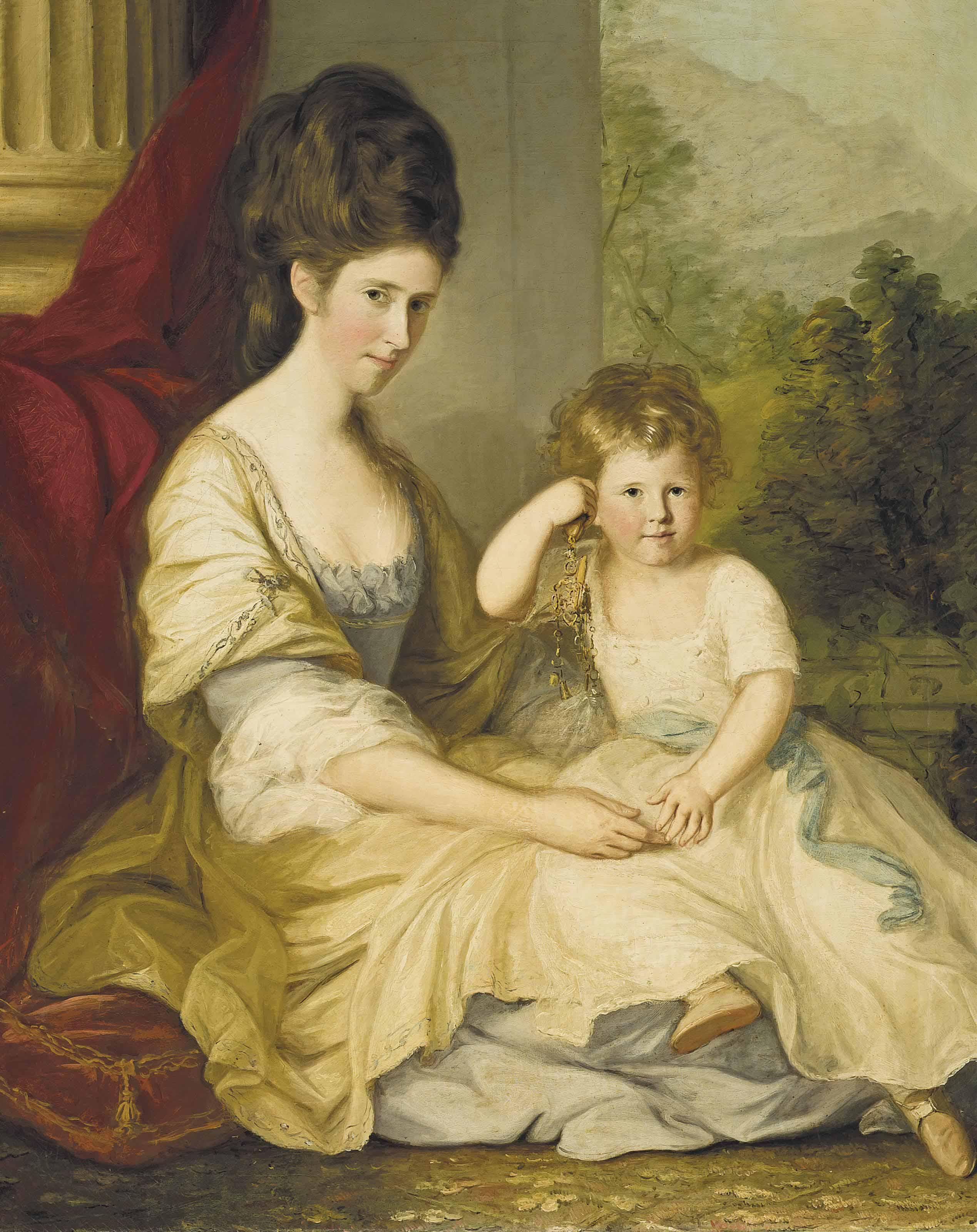 Thomas Hickey - Portrait of a lady and her daughter, traditionally identified as Charlotte Myne (née Pringle) and her daughter Susan, full-length, in a white and blue dress, with her daughter Susan Myne, beside a draped column, a landscape beyond